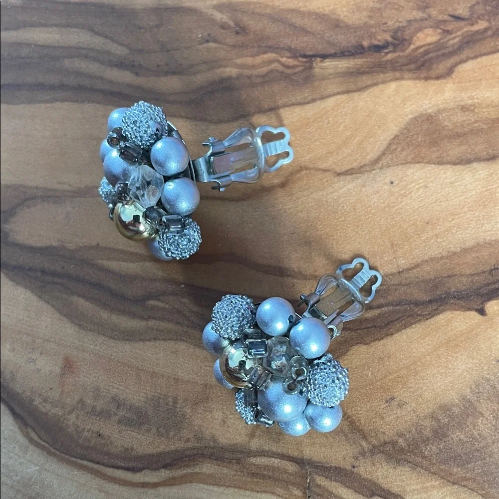 Vintage Silver and Gold Cluster Clip On Earrings